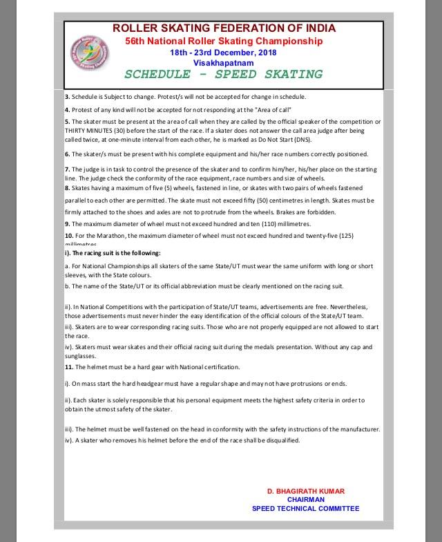 Schedule of 56th National Open Roller Skating Competition 2018 VRAT